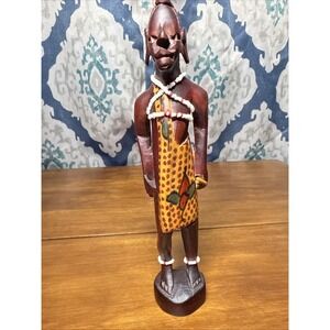 Tribal African Kenya Vintage Wood Figure Hand Carved Glass Beaded 9" - Colorful!